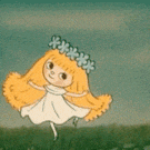 a cartoon girl with long blonde hair and a wreath of flowers on her head is dancing in a field .