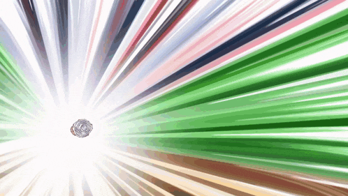 a white circle is surrounded by green and pink rays of light