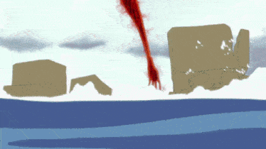 a drawing of a large rock in the middle of the ocean with a red flame coming out of it