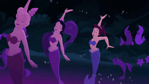two mermaids are dancing in the dark with purple fish in the background
