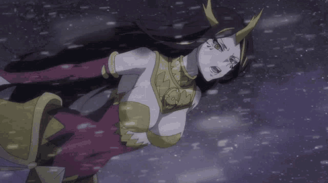 a woman with long black hair and horns is laying on the ground in the snow