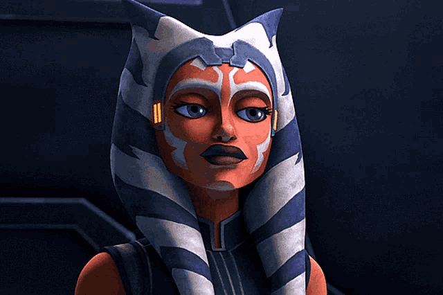 a close up of a cartoon character with a striped headpiece