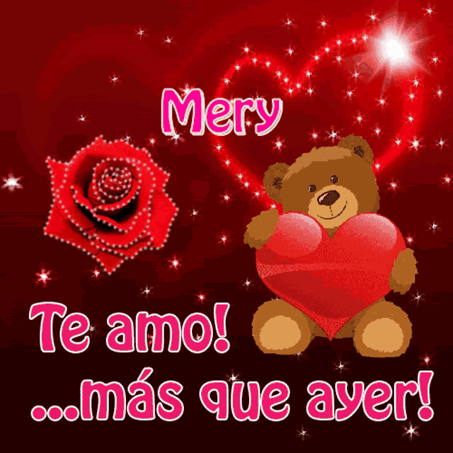 a teddy bear holding a red heart with the name mery on it