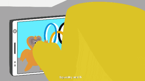 a cartoon of a monkey holding olympic rings with the words squishy and 6 below