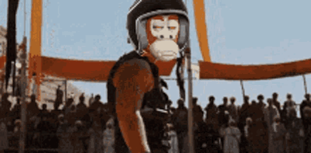 a man wearing a monkey mask and a helmet with the number 68 on it stands in front of a crowd