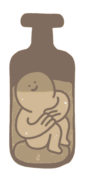 a cartoon drawing of a person in a bottle with a smile on their face