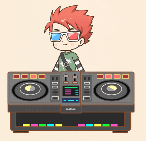 a cartoon of a boy wearing 3d glasses behind a dj controller