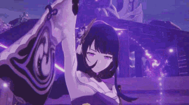 a purple anime girl is holding a sword in her hand in front of a building in a video game .
