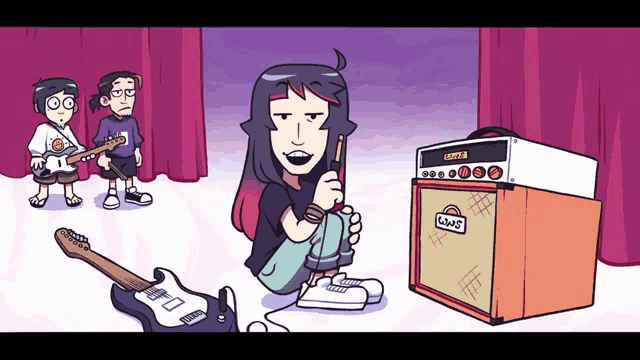 a cartoon of a girl sitting next to an orange amplifier