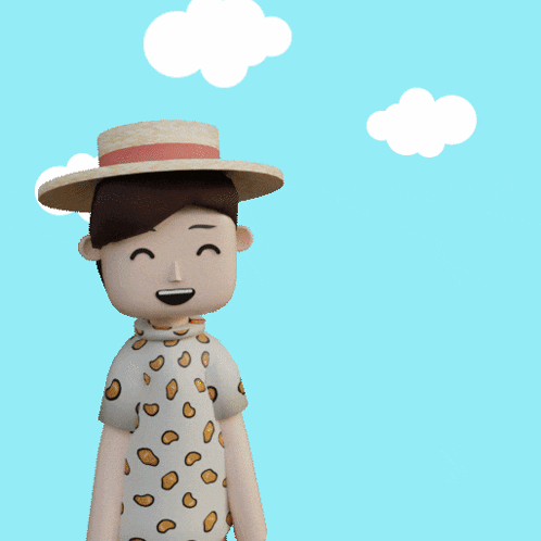 a cartoon character wearing a straw hat and a leopard print shirt stands in front of a gm logo