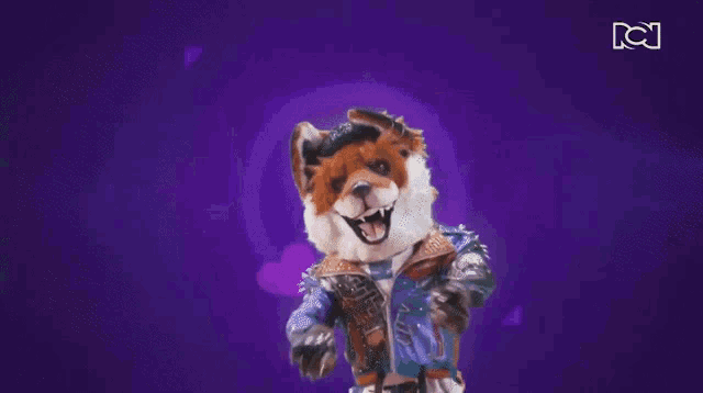 a person dressed as a fox with a heart in the background