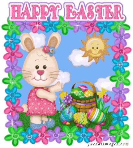 a happy easter greeting card with a bunny and a basket of eggs