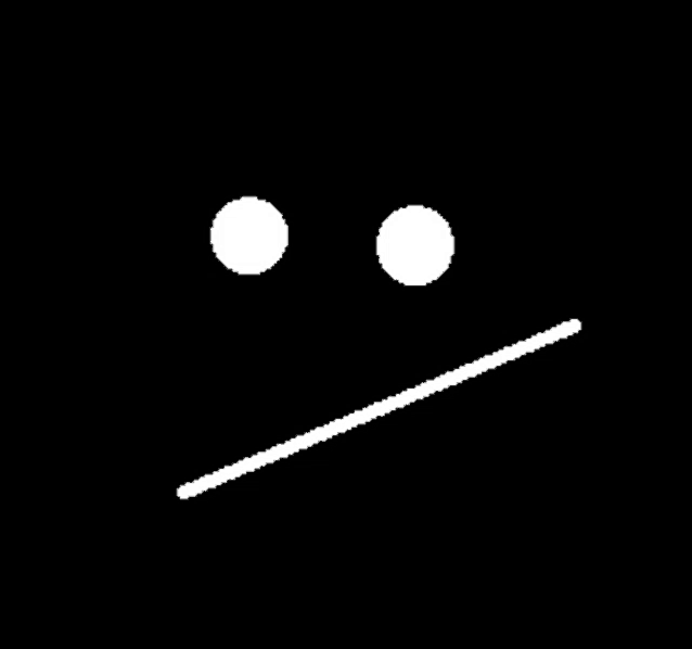 a white smiley face with two circles and a line on a black background