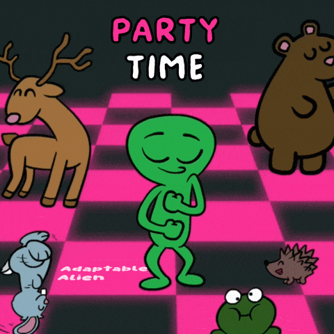a cartoon of a green alien surrounded by animals with the words party time above them