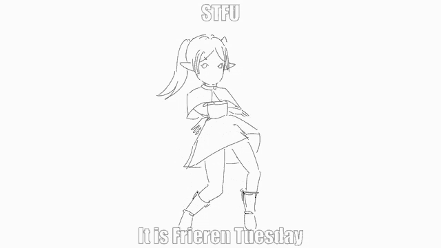 a black and white drawing of a girl dancing with the words `` it is frieren tuesday '' below her .