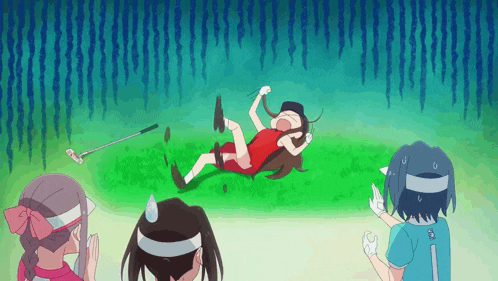 a girl in a red dress is laying on the ground with a golf club in the background