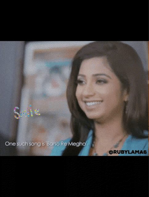 a woman is smiling with the words one such song is barso re megha on the bottom