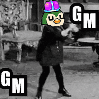 a black and white photo of a person dancing with gm written on the bottom .