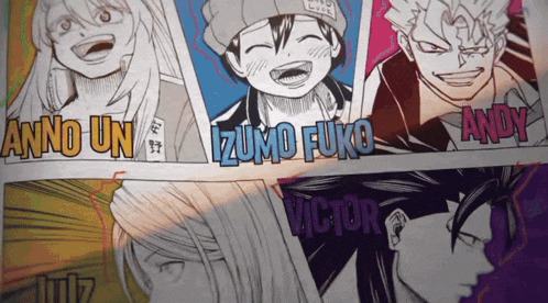 a group of anime characters with the names andy victor and izumo fuko