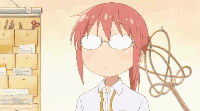 a girl with pink hair and glasses is standing in front of a shelf with scissors