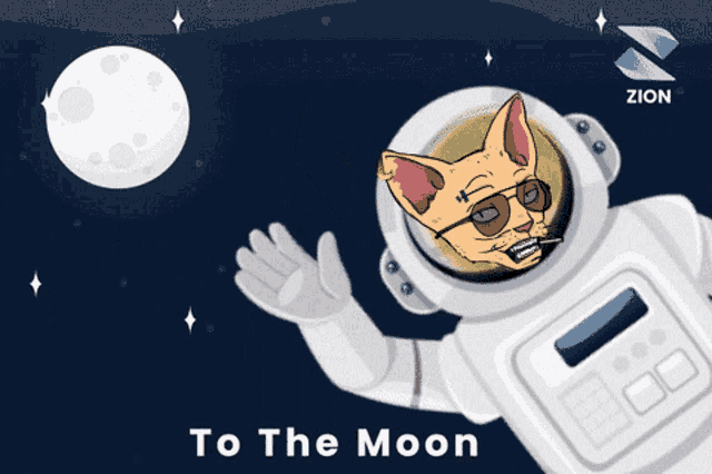 a cat in a space suit is waving in front of the moon