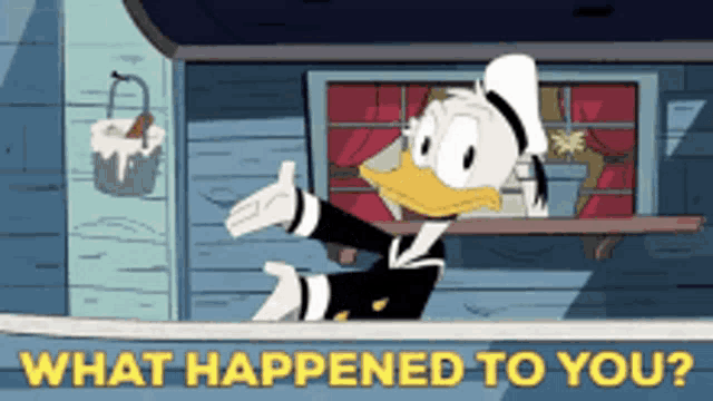 a cartoon of donald duck with the words what happened to you