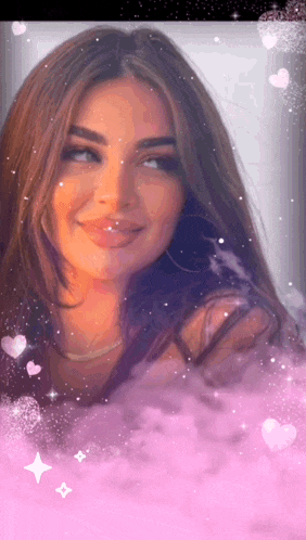 a close up of a woman 's face with hearts and stars surrounding her