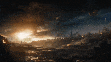 a painting of a battle scene with a sunset in the background
