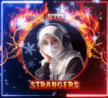 a woman wearing a mask and headphones is surrounded by flames and snowflakes and the words strangers