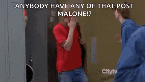 a man in a red jacket is holding a skateboard and says " anybody have any of that post malone ! "