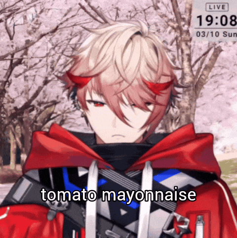 a man with red horns says tomato mayonnaise in front of cherry blossom trees