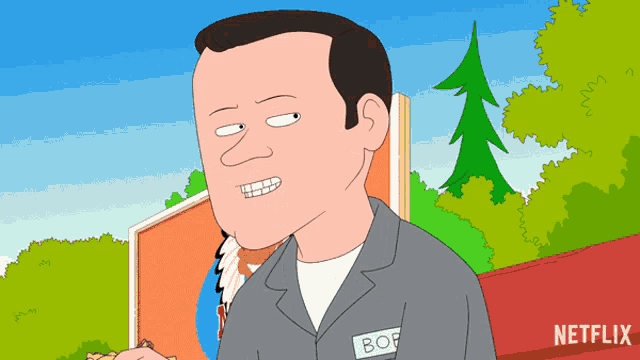 a cartoon of a man with a name tag that says bof