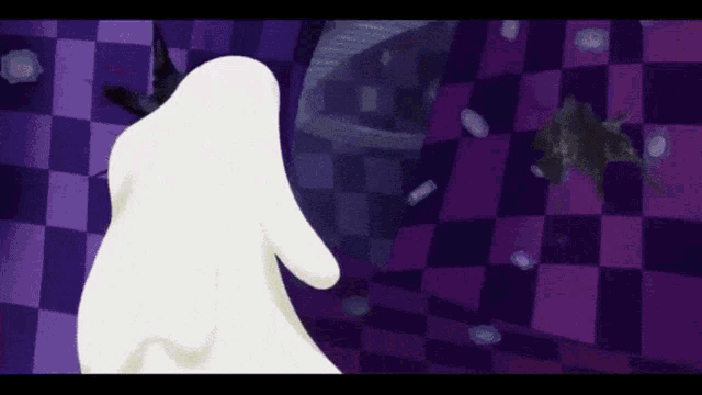 a purple and white checkered background with a white ghost in the foreground