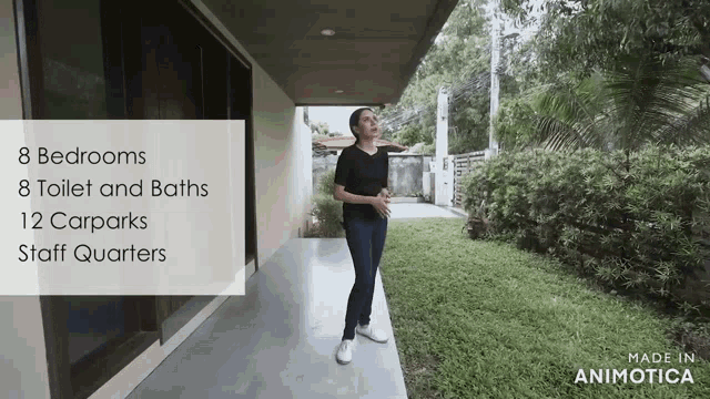 a woman stands in front of a house with the words 8 bedrooms 8 toilet and baths 12 carparks staff quarters