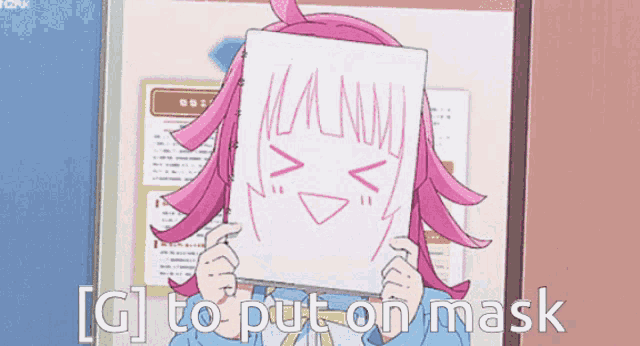 a girl with pink hair is holding a piece of paper with a face drawn on it