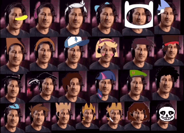 a collage of images of a man wearing headphones and different hats