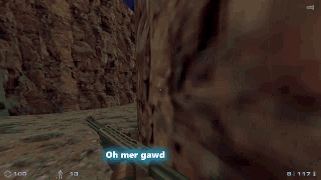 a video game screen shows a person holding a gun and says oh mer gawd