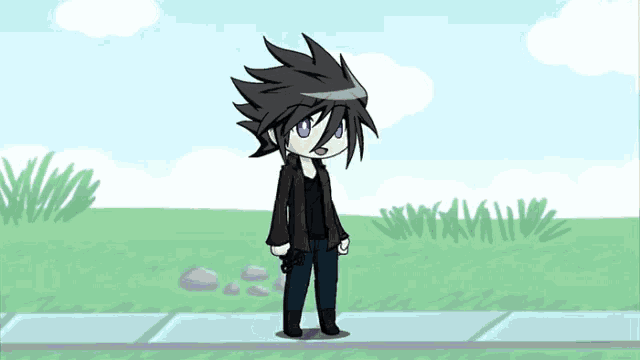a cartoon character with black hair and purple eyes stands on a sidewalk