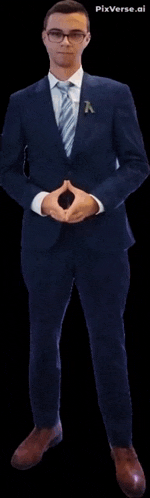 a man in a suit and tie standing with his hands folded