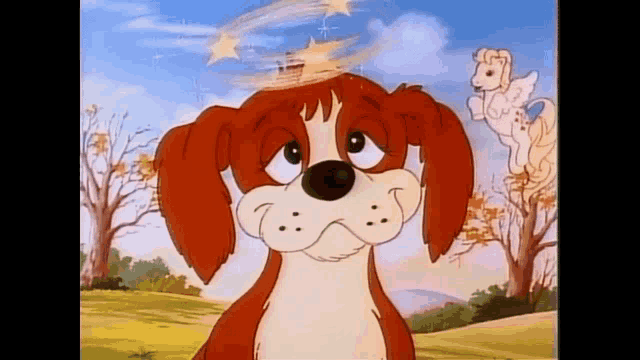 a cartoon dog with a star on its head is standing in a field with a pony flying in the background .