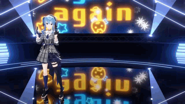 a girl is standing on a stage in front of a sign that says " again "