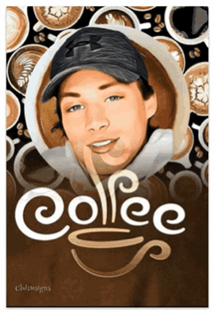 a man in a baseball cap is surrounded by coffee cups