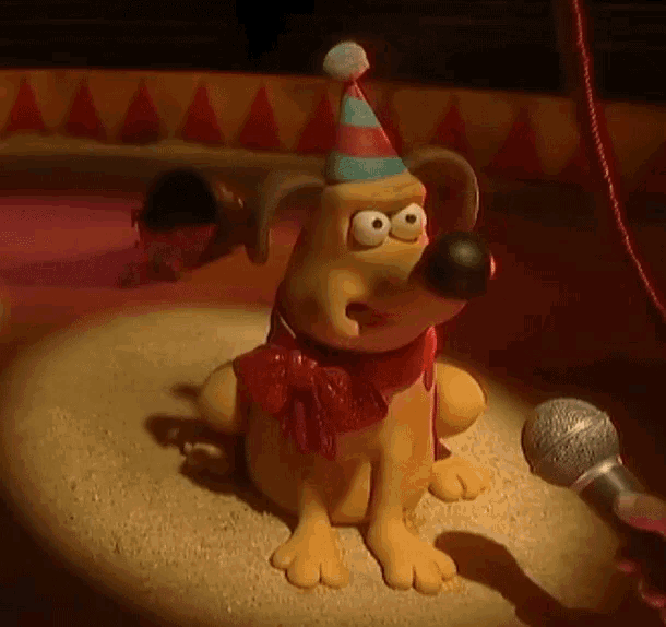 a cartoon dog is wearing a party hat and scarf
