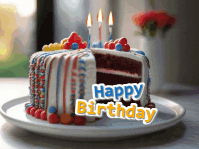 a birthday cake with a slice taken out of it
