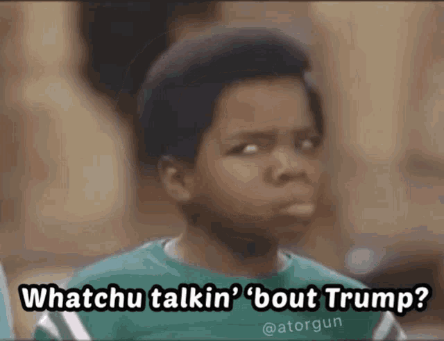 a boy in a green shirt says whatchu talkin ' bout trump