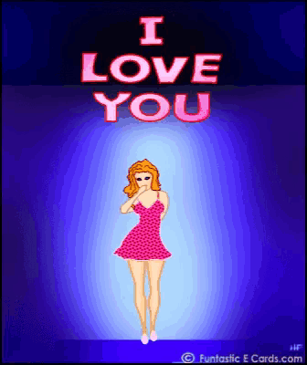 a woman in a pink dress is blowing a kiss in front of a sign that says " i love you "
