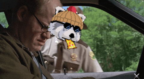 a man is sitting in a car with a pixelated image of a raccoon on his head