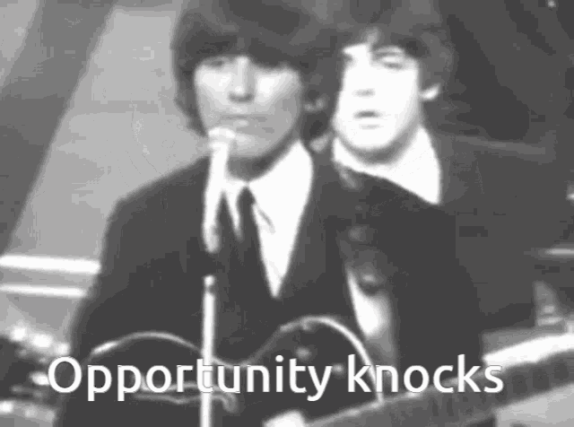 a black and white photo of two men with the words opportunity knocks on the bottom