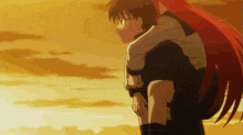 a boy is carrying a girl on his shoulders in an anime scene .
