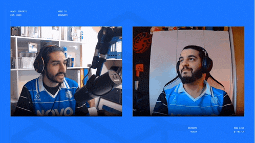 a man wearing headphones and a blue shirt that says novo on it